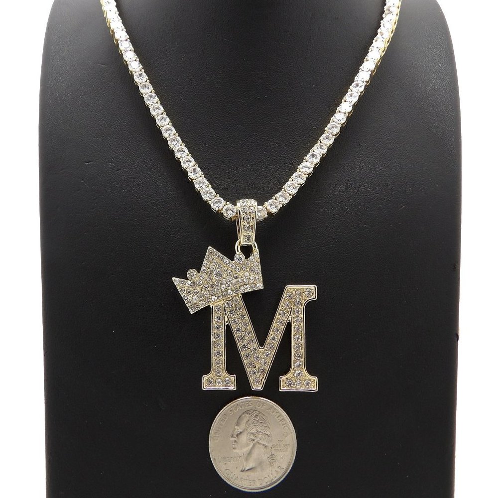 Initial Letter "M" Pendant Tennis Chain Necklace